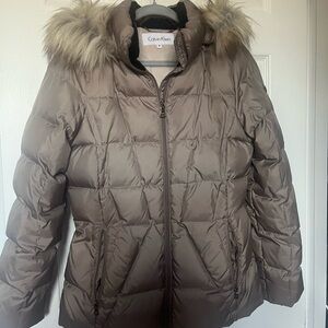 Calvin Klein Tan Puffer Jacket with Faux Fur Hood